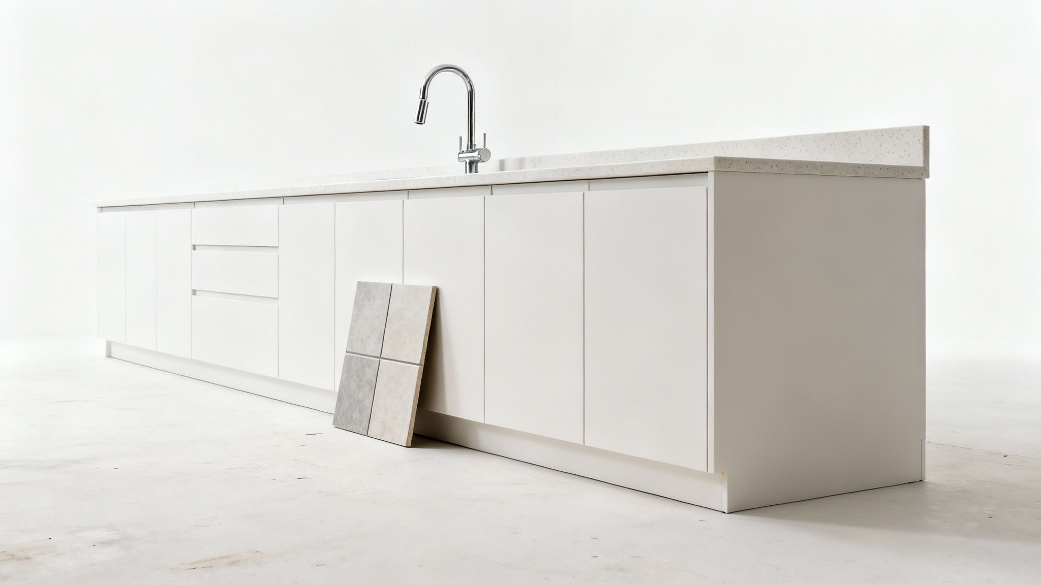 Long white kitchen cabinet unit with a speckled countertop, silver faucet, and sample tiles.