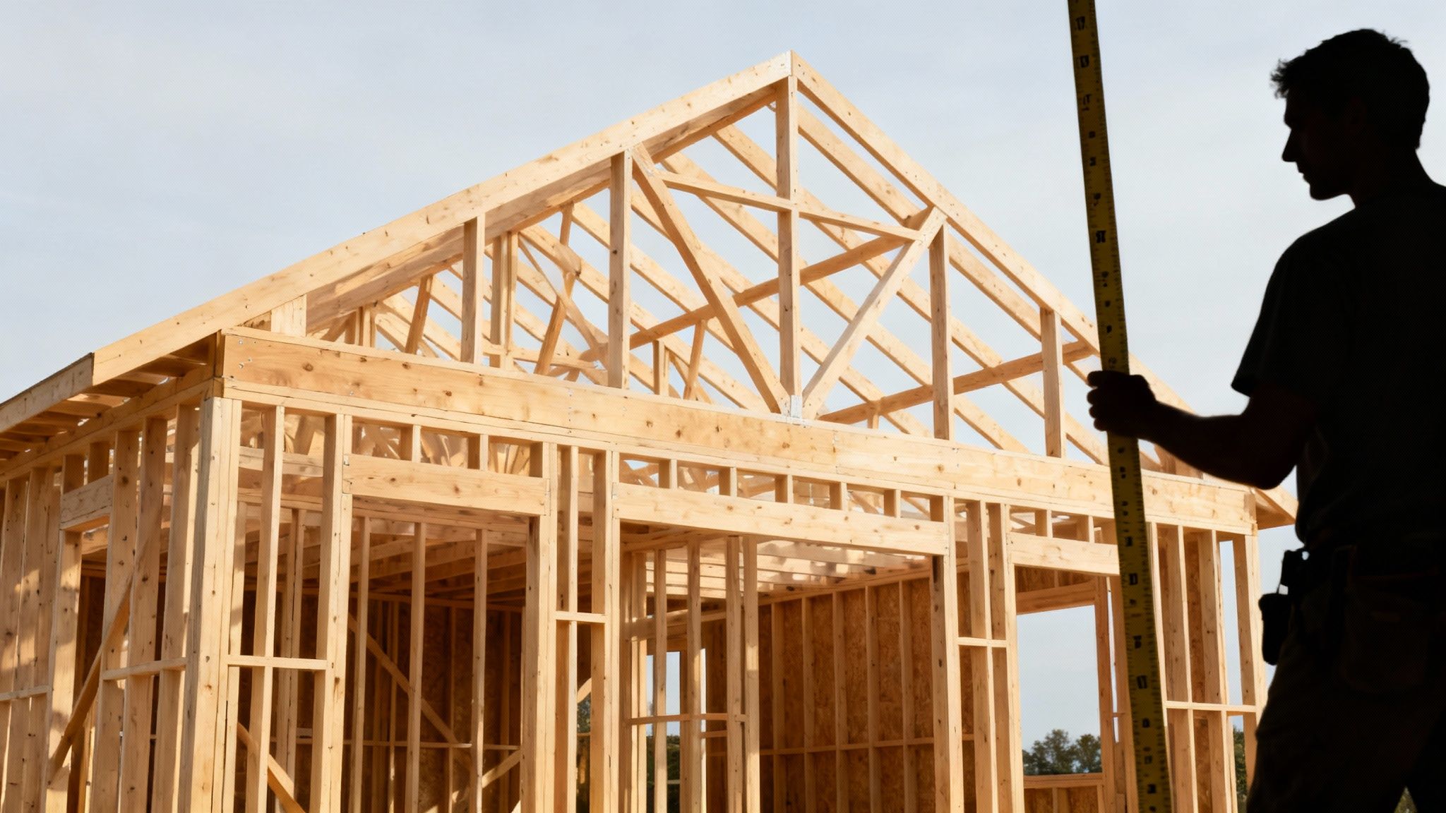 Silhouette of a construction worker holding a measuring tape next to a new house frame.