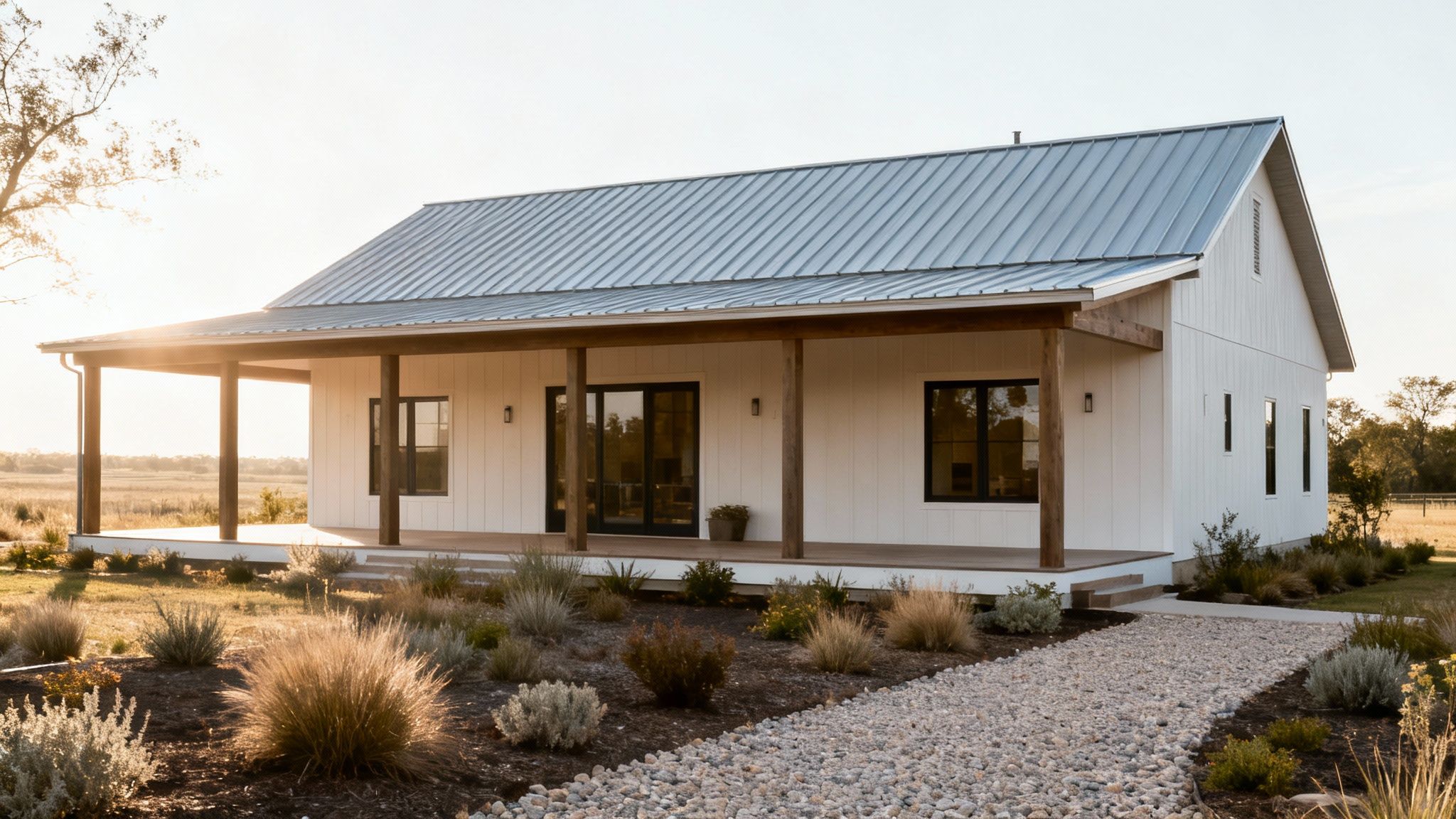A modern farmhouse-style home with a wide front porch and metal roof in a natural setting.