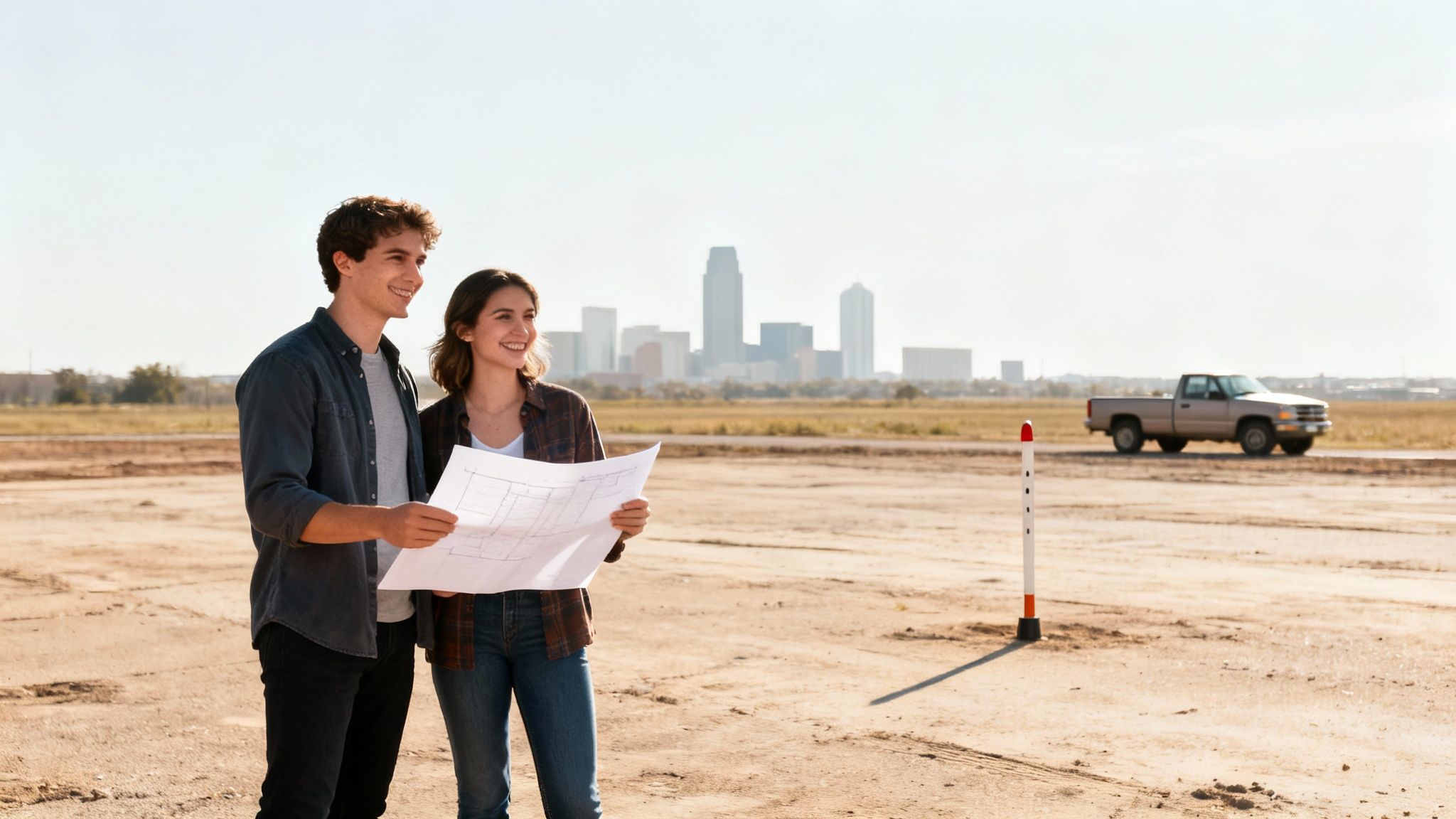 A young couple stands on a dusty construction site, reviewing blueprints with a city skyline in the background.