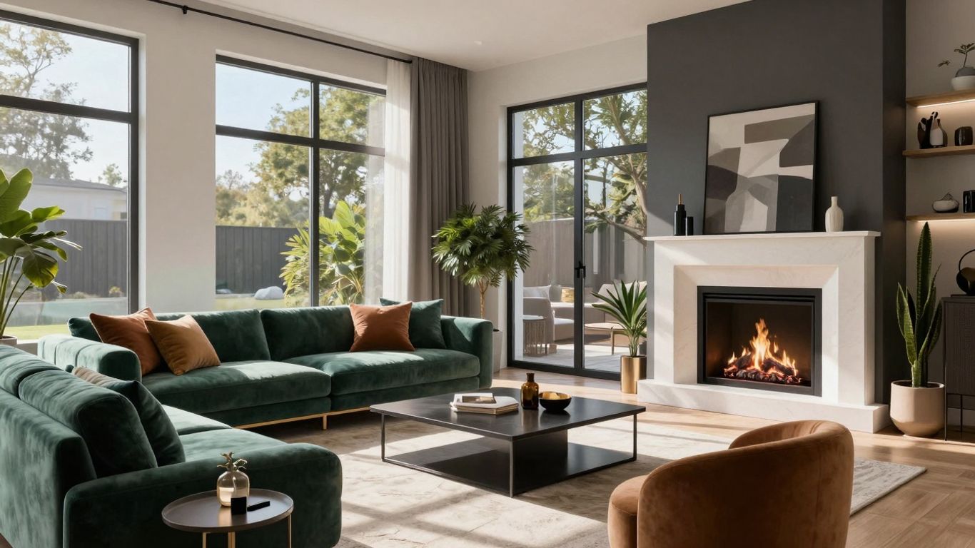 3D rendering of a modern living room interior.