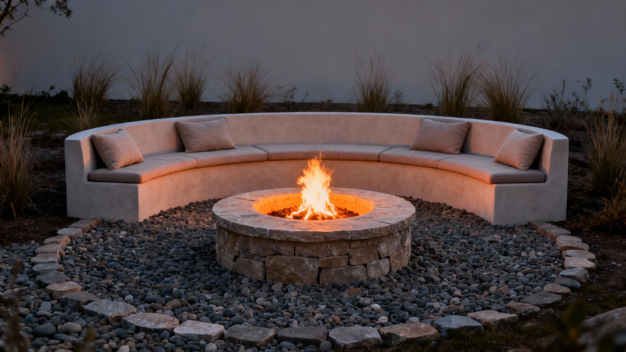 Cozy outdoor living space with a burning fire pit, curved concrete bench, and stone landscaping at dusk.