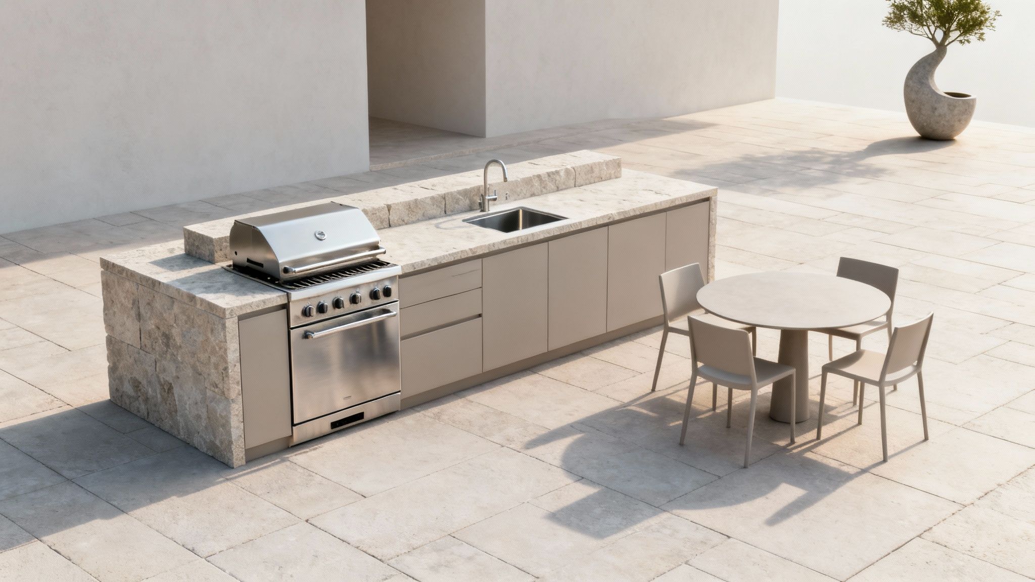 Modern outdoor kitchen with a built-in grill, sink, light cabinets, and a round dining table on a patio.