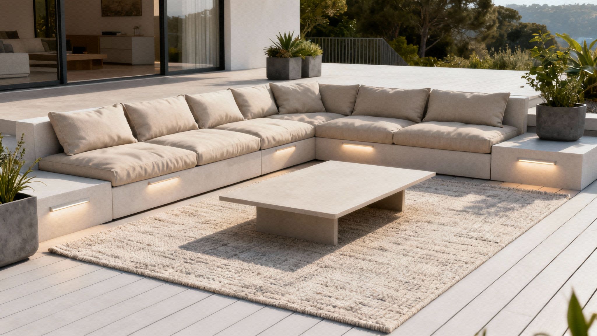 Stylish outdoor patio featuring a large modular sofa with integrated lights, coffee table, and plants.