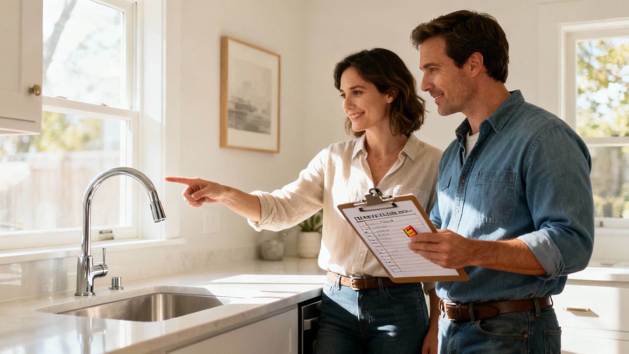 Happy couple planning their home renovation, inspecting a modern kitchen faucet and sink.