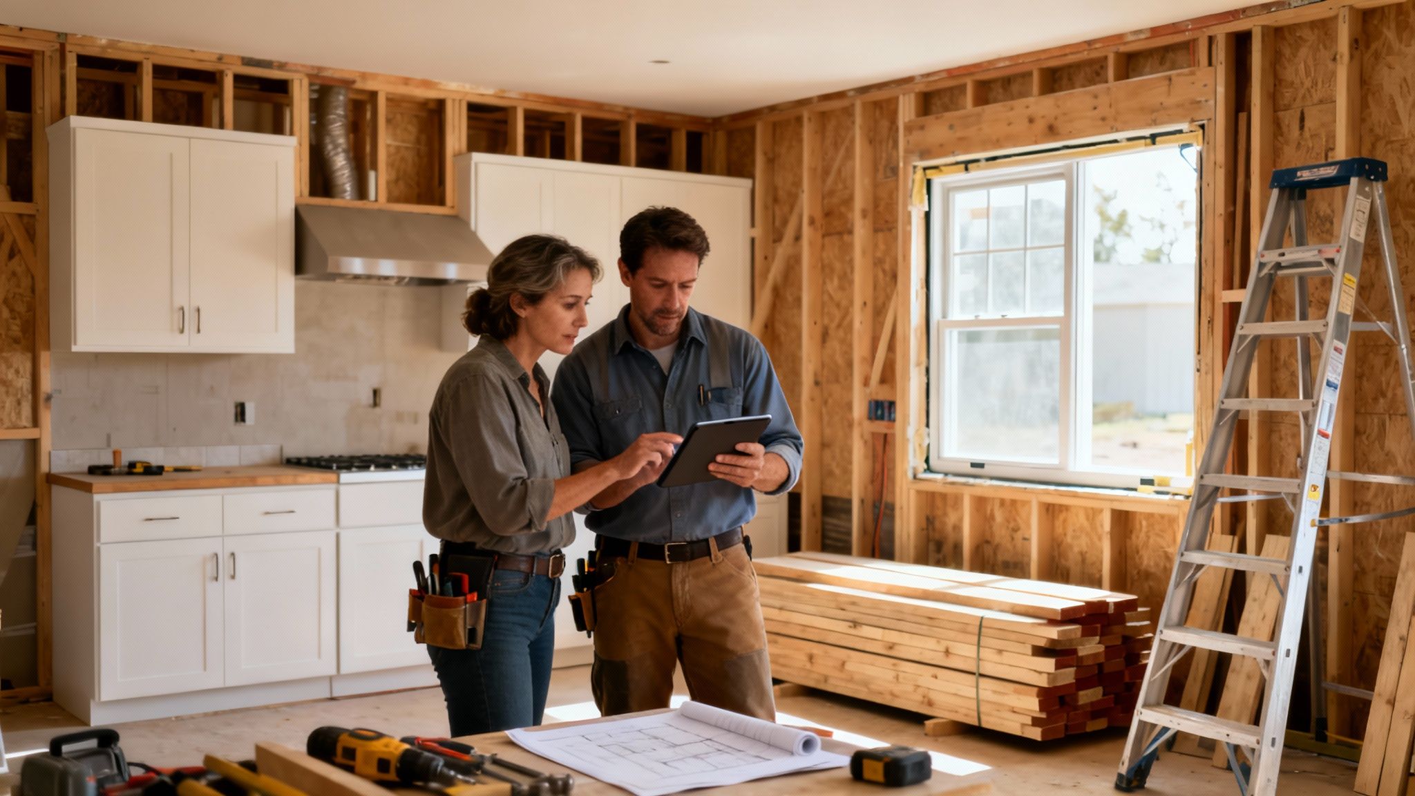 Two contractors review plans on a tablet in a home under renovation with exposed framing and new cabinets.
