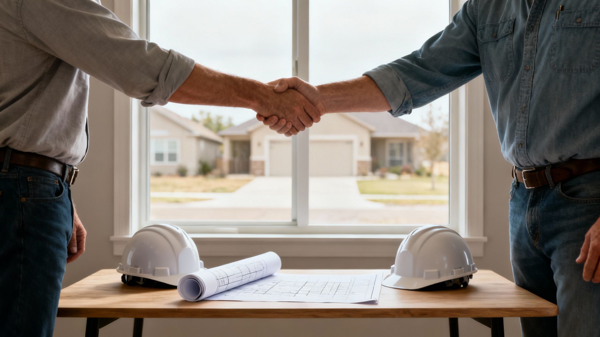 Two construction professionals shaking hands over blueprints and hard hats, symbolizing a deal for new homes.