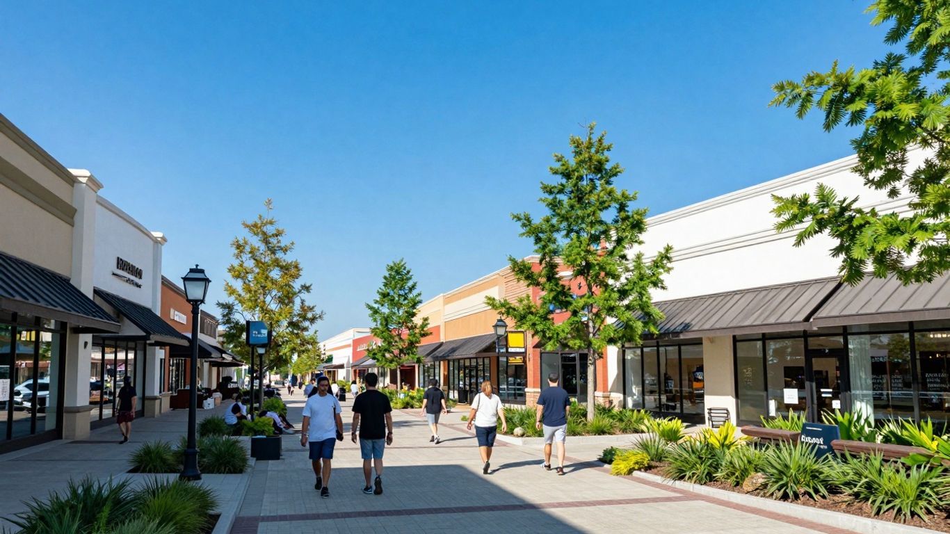 Bryant Square Shopping Center exterior with shoppers and greenery.