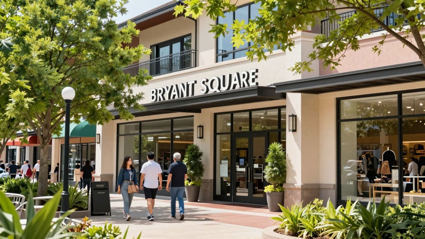 Bryant Square Shopping Center facade with people strolling