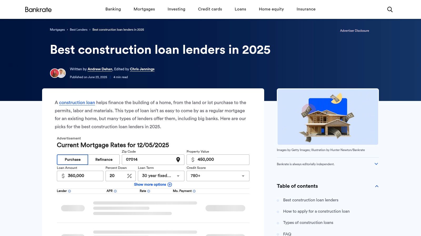 Bankrate – Best Construction Loan Lenders (comparison resource)
