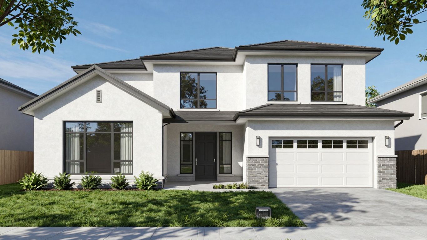 Affordable house plan exterior with green lawn and blue sky.