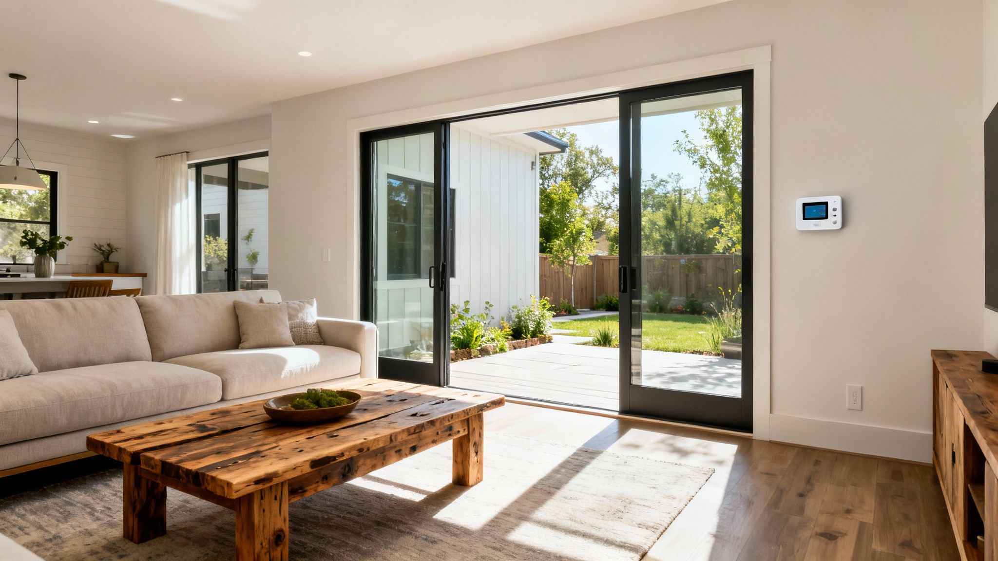 A bright, modern living room with a large beige sofa, rustic wood coffee table, and open sliding doors leading to a green backyard.