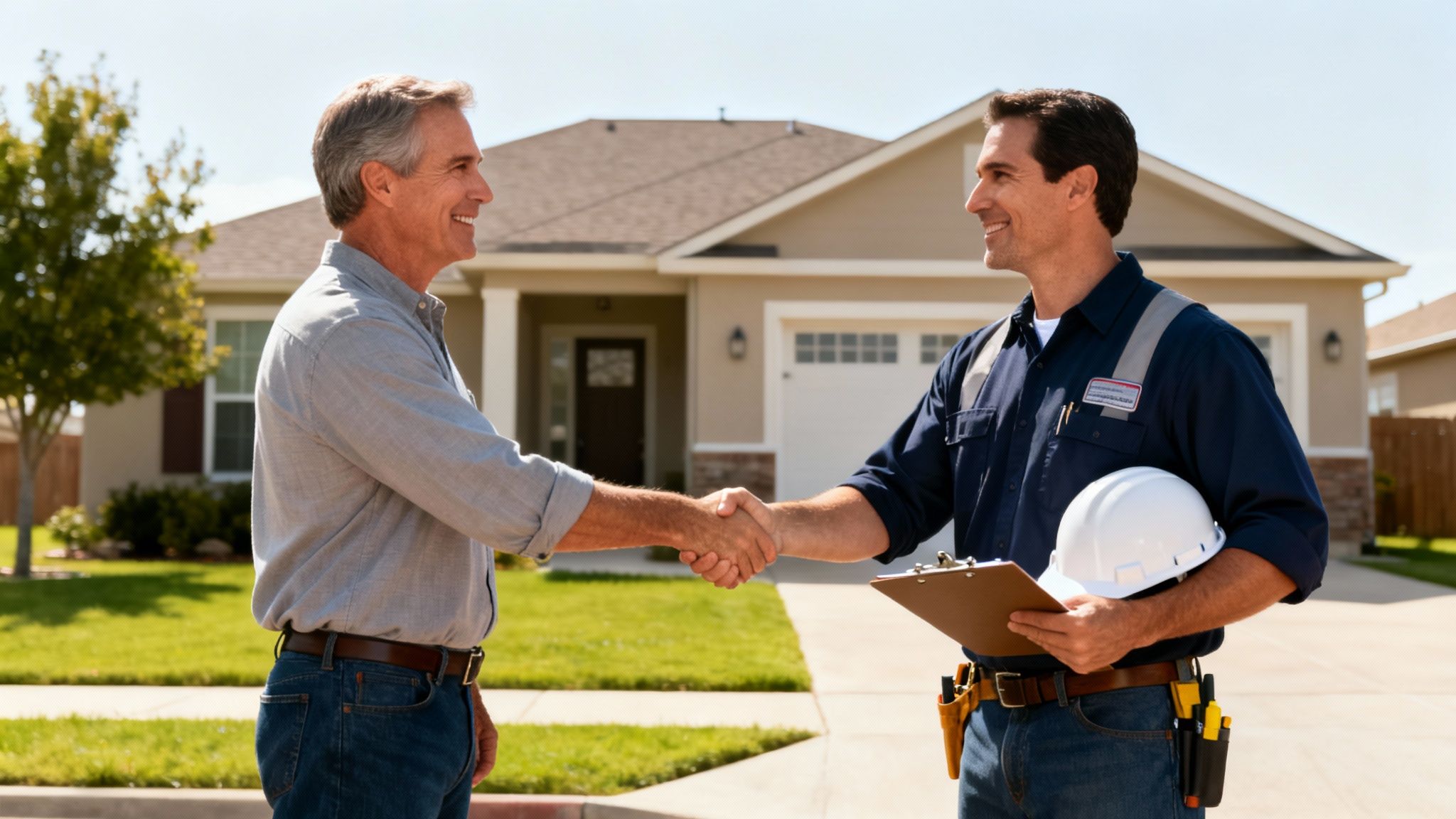 A smiling homeowner shakes hands with a service technician in front of a modern house on a sunny day.
