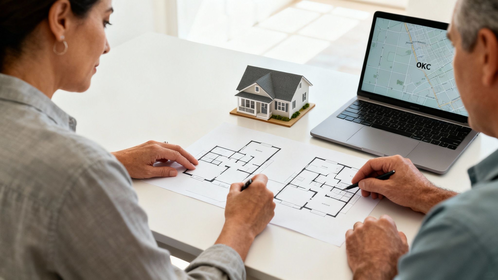 Couple collaborating on home blueprints, house model, and a map of a laptop.