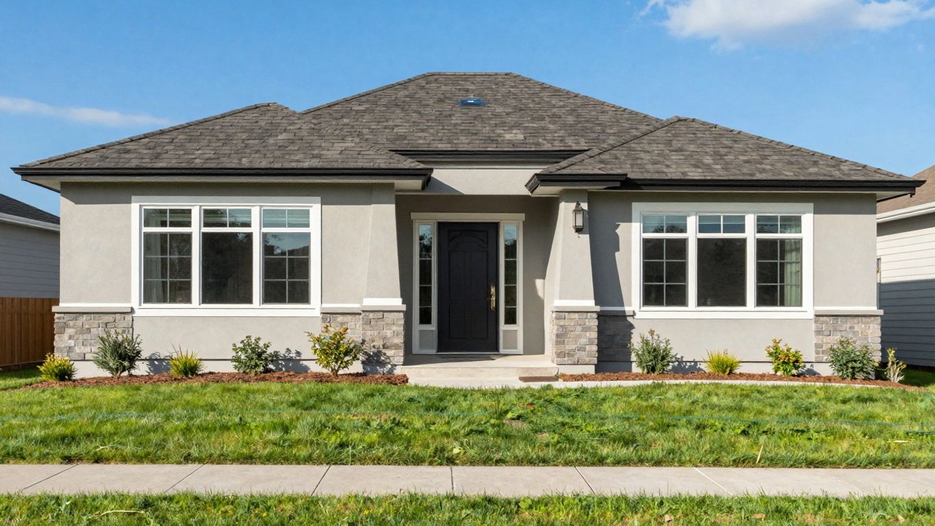 Modern home exterior with green lawn and blue sky.