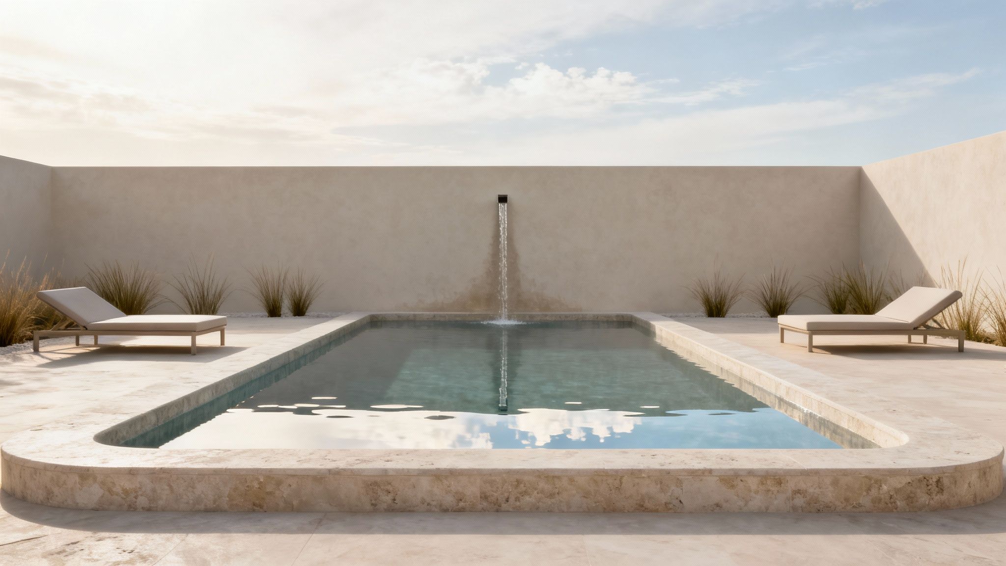Minimalist outdoor living space with a rectangular pool, water feature, and two sun loungers.