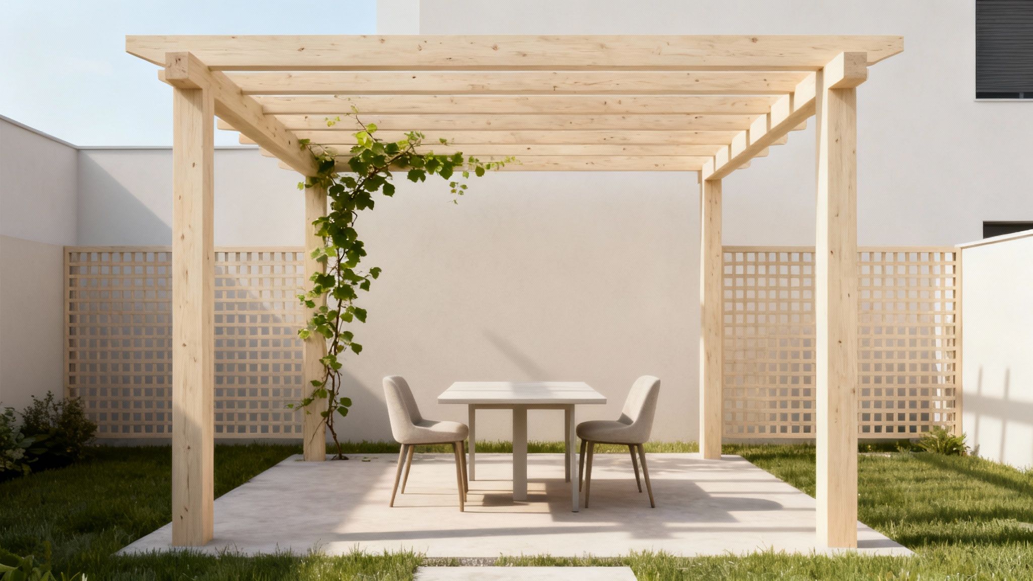 A modern outdoor patio featuring a wooden pergola, a dining table with two chairs, and green grass.