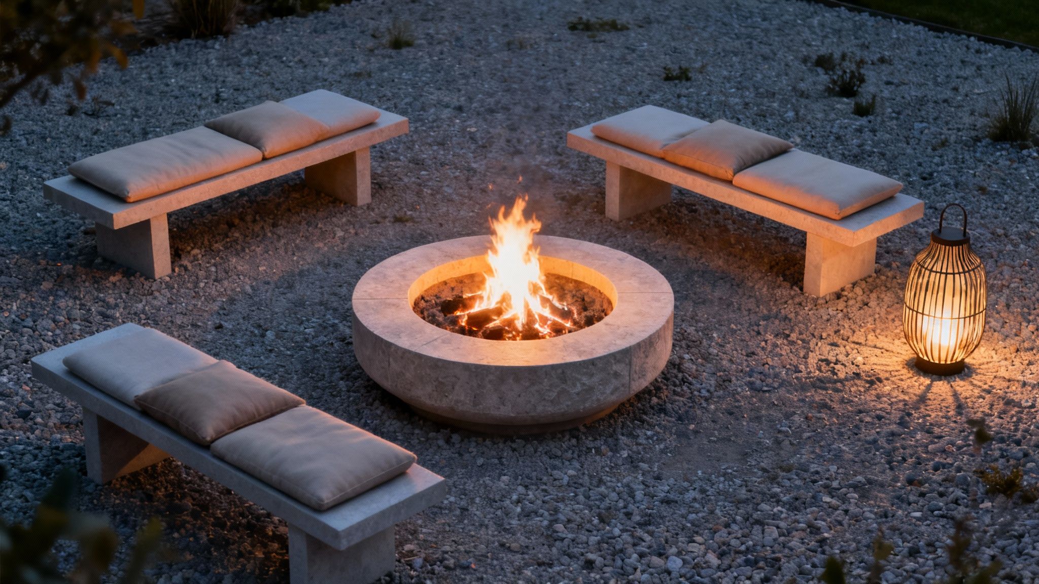 Cozy outdoor living space at night with a stone fire pit, benches, and glowing lantern.