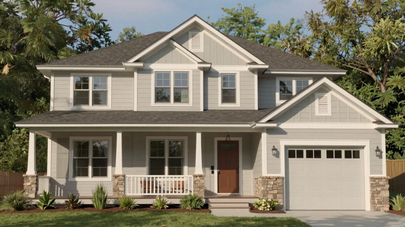 Modern house exterior with porch and large windows.