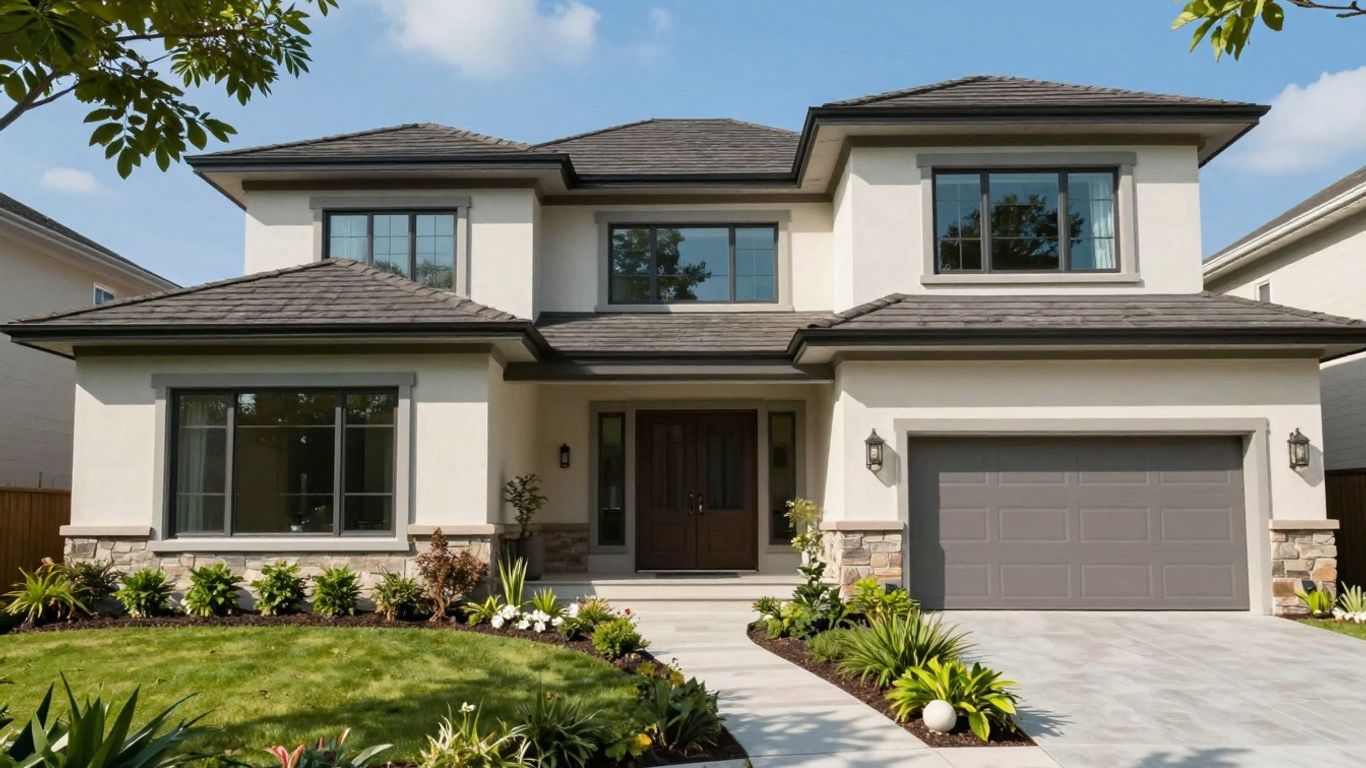 Exterior of a modern house with large windows and landscaping.