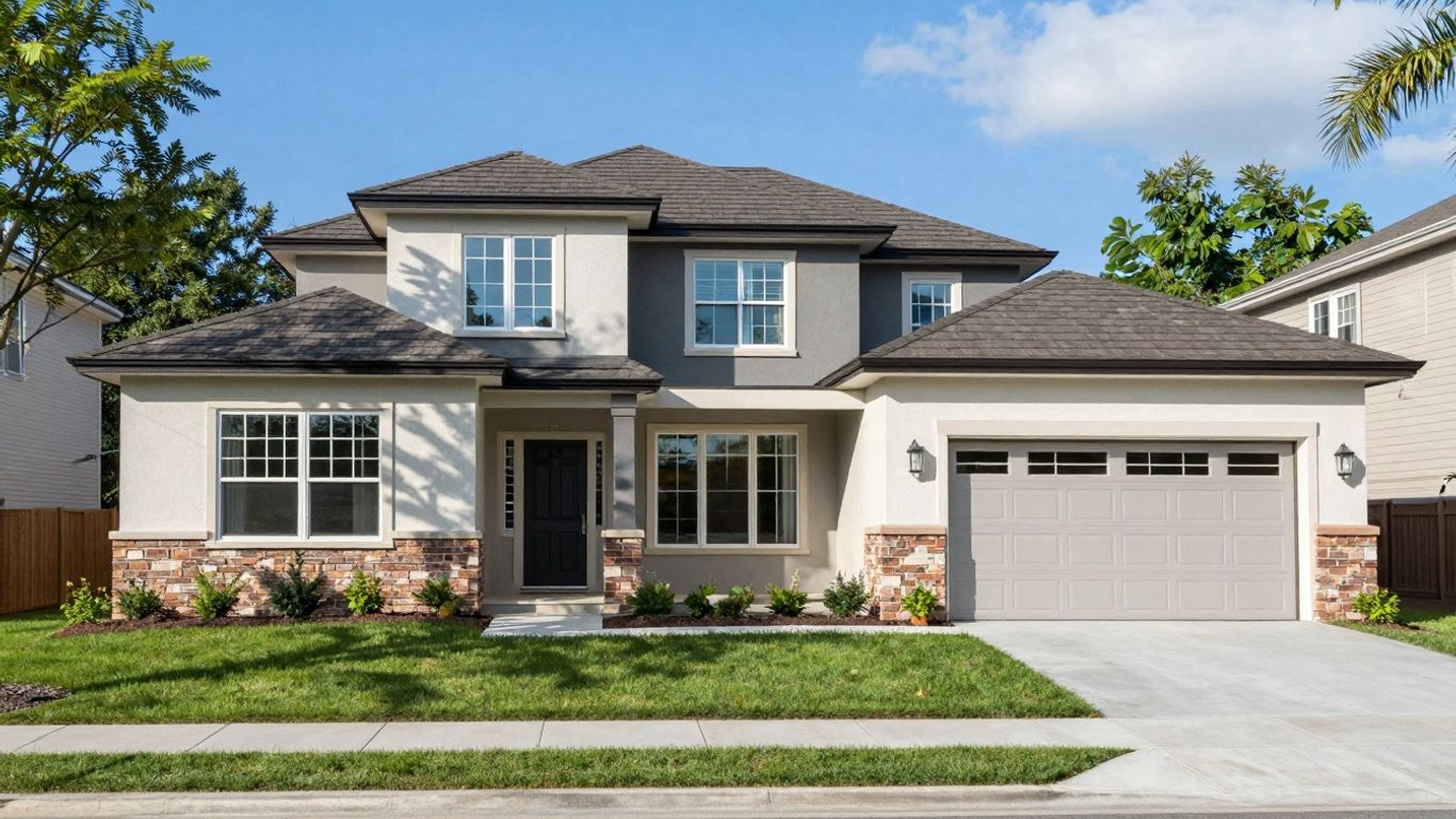 Modern house exterior with lawn and blue sky.