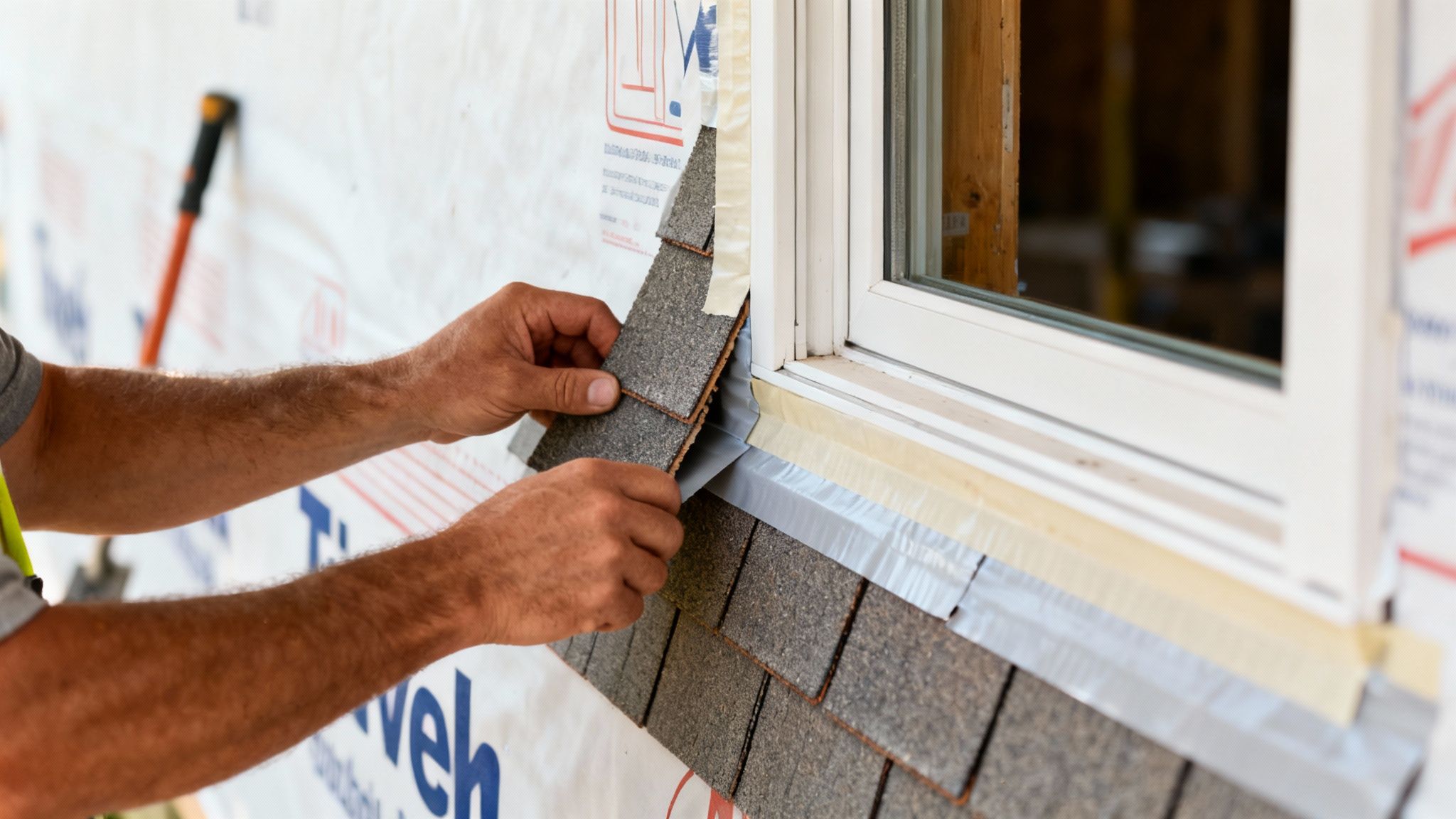 Hands installing new siding shingles around a window opening on a house with Tyvek wrap.