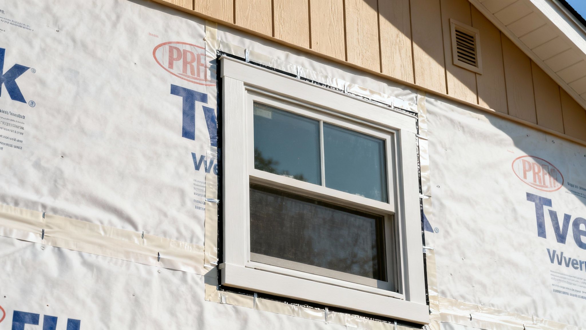 Close-up of a house under construction with white Tyvek house wrap and a new window.