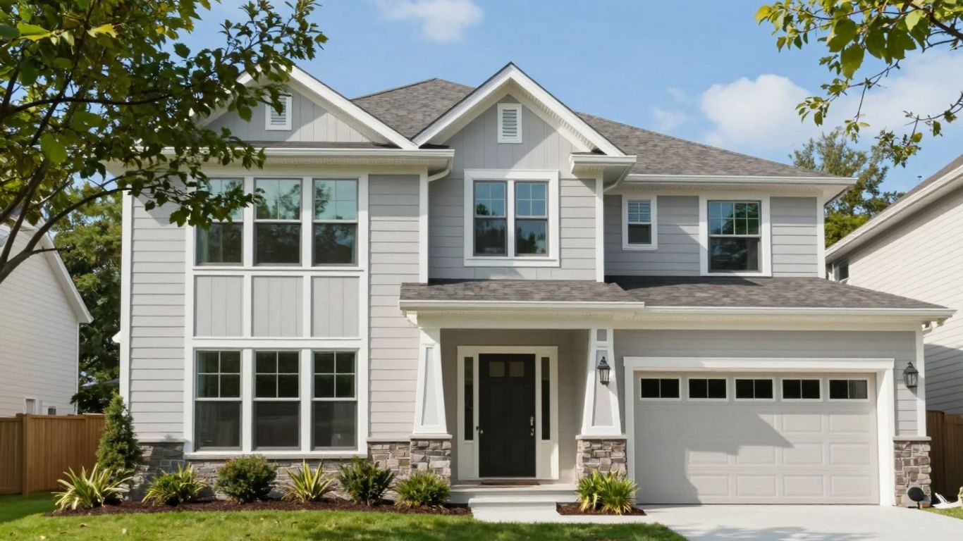 Modern 3 bedroom house exterior with landscaping and windows.