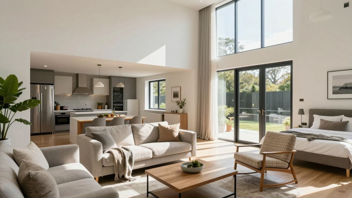 Modern 3 bedroom house interior with natural light.