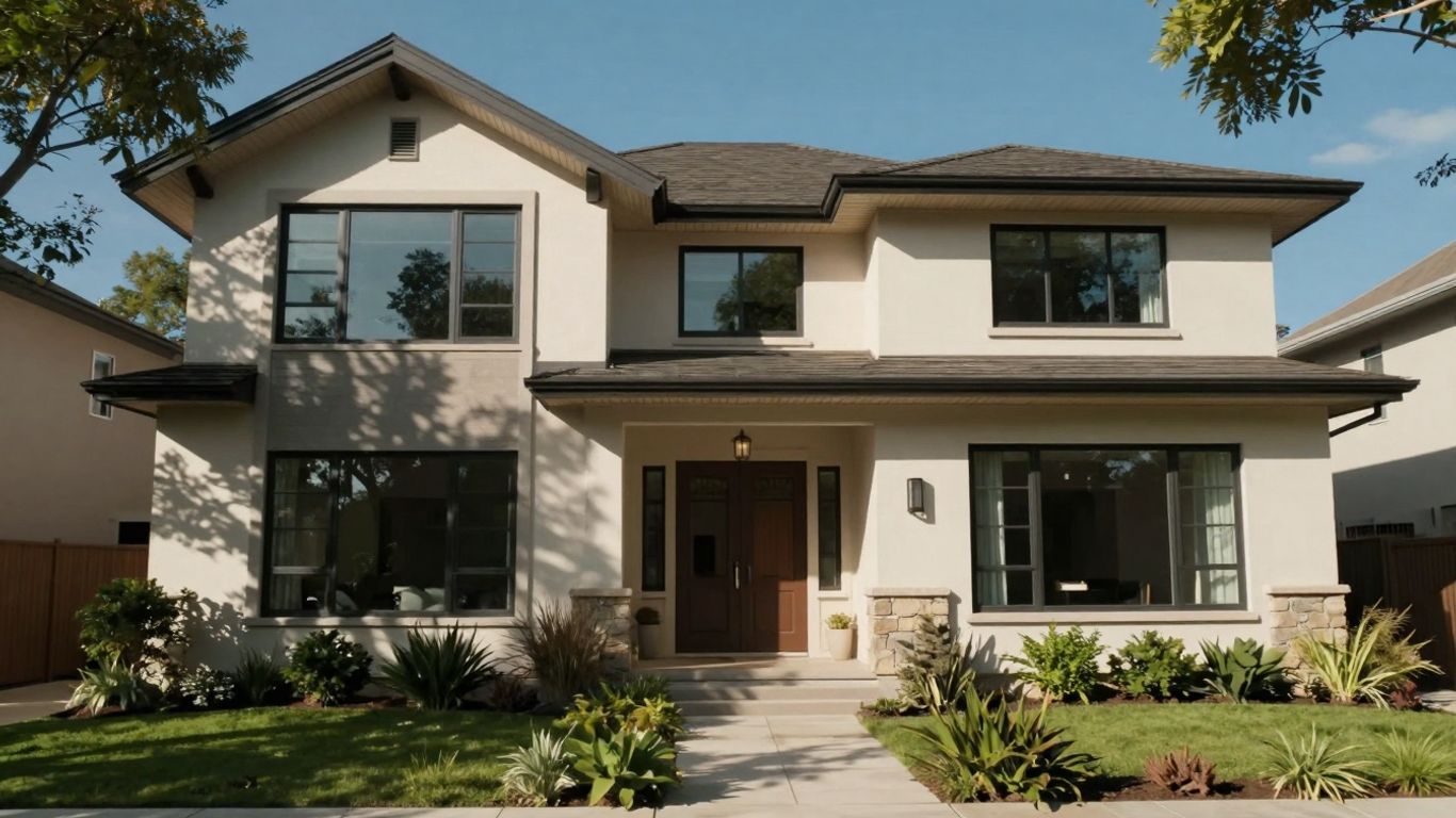 Modern 3 bedroom house exterior with large windows.