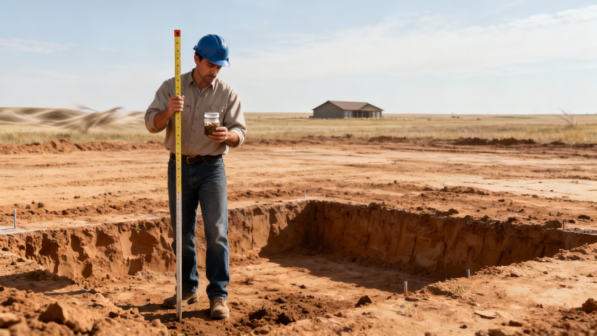 A construction worker in a hard hat surveys a new home building site with a measuring rod and soil sample.