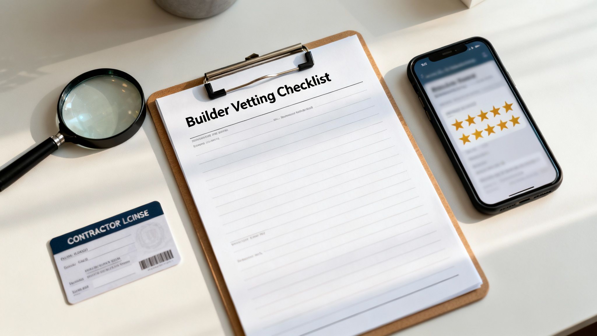 A builder vetting checklist, contractor license, magnifying glass, and smartphone with 5-star reviews on a desk.