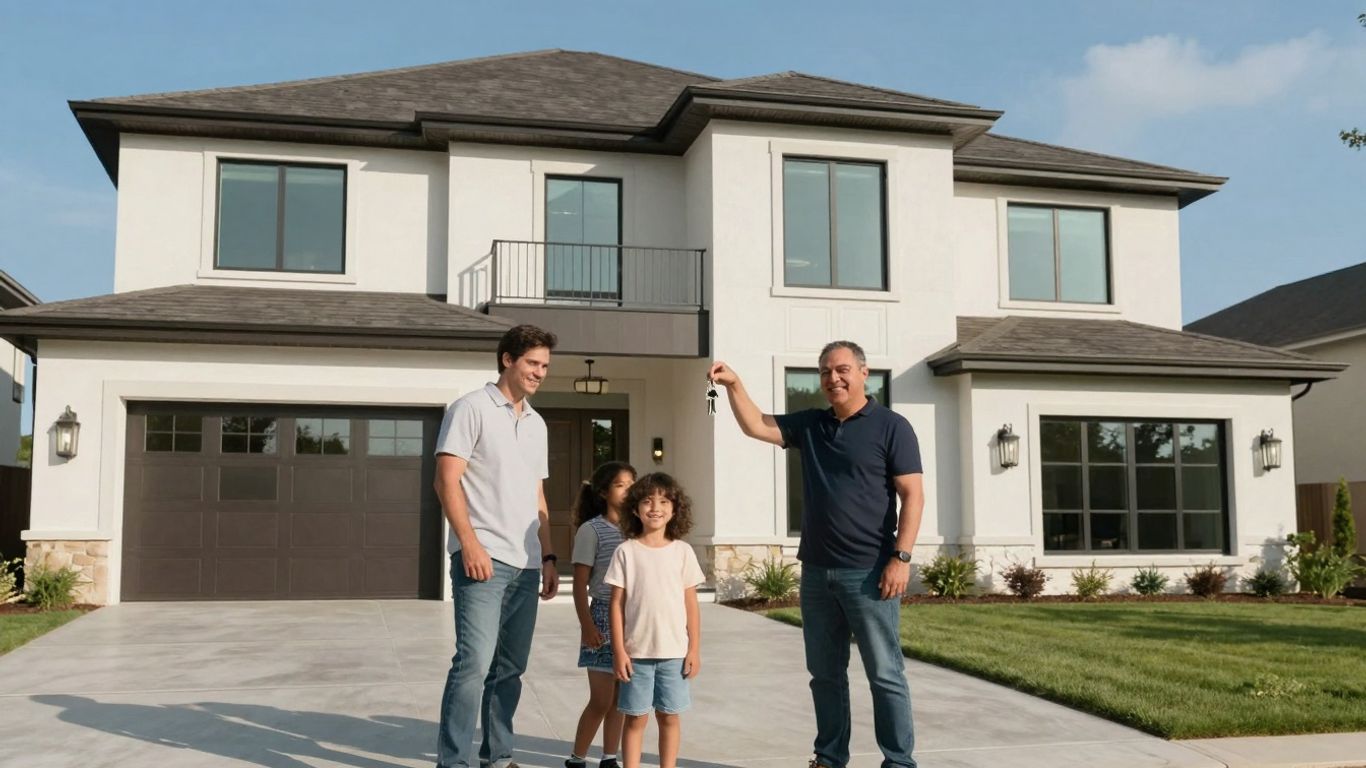 Happy family outside a new custom-built Dallas home.