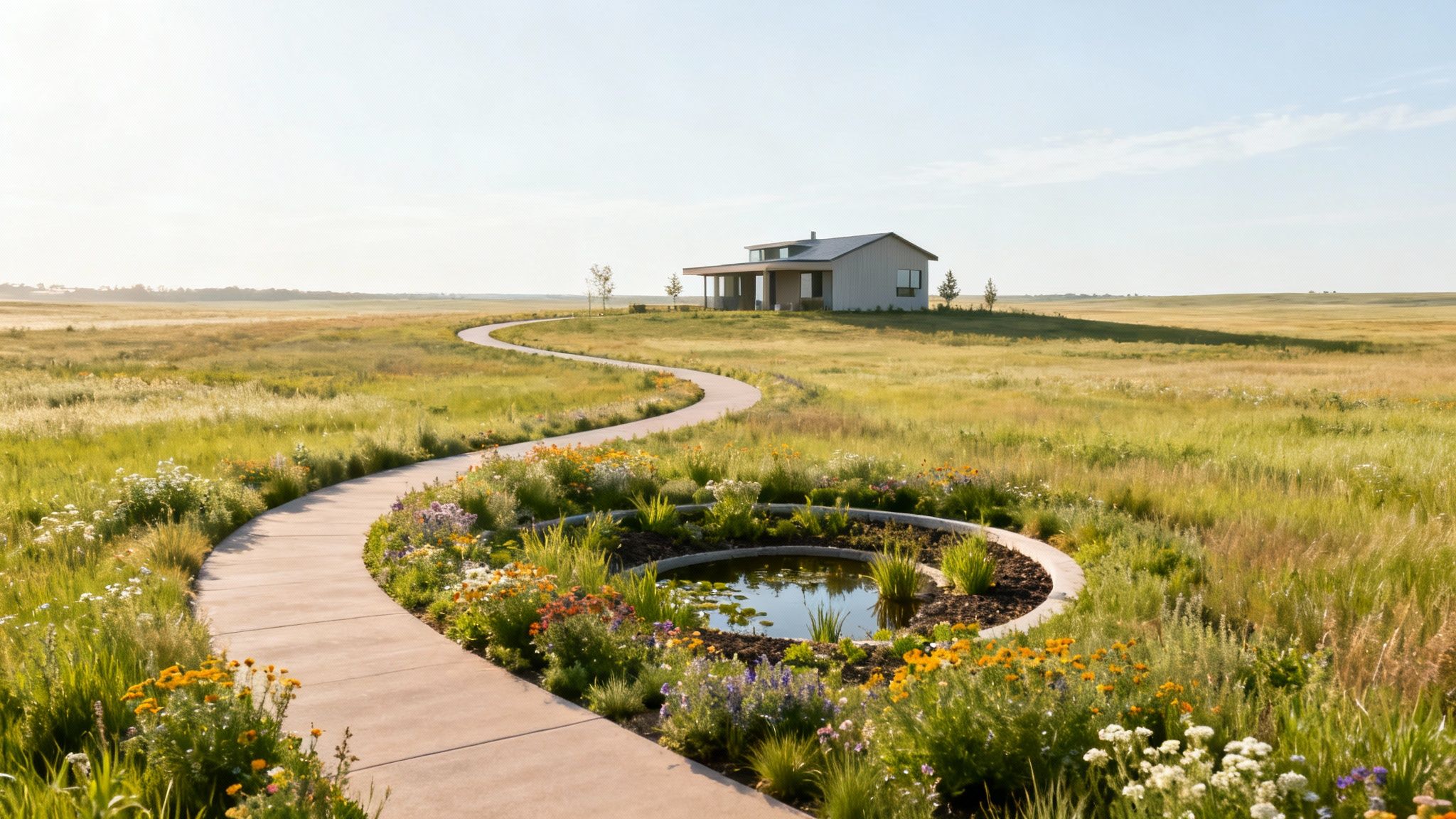 A modern home sits on a grassy prairie field, approached by a winding path and circular flower garden with a pond.