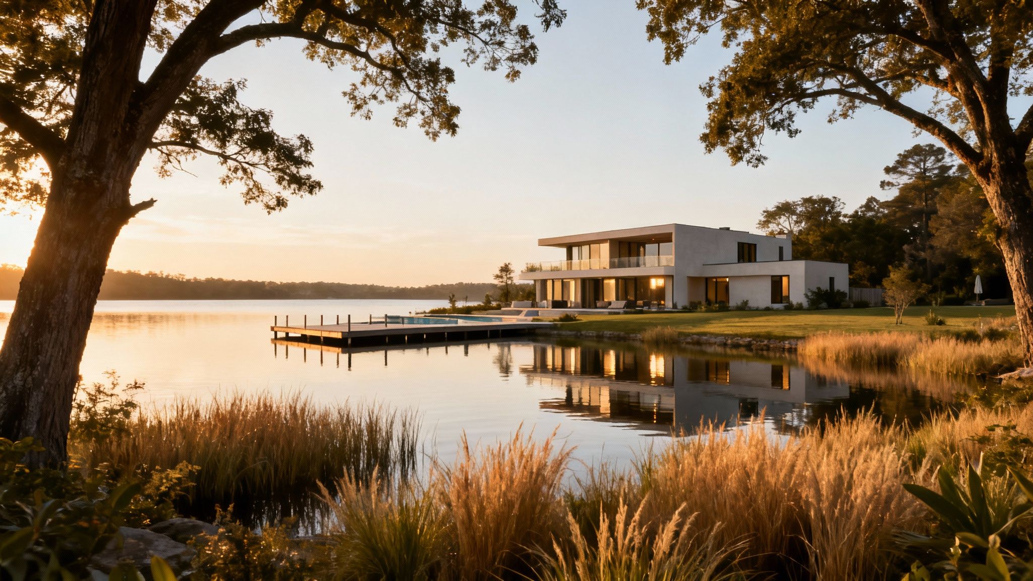 Stunning modern lakeside house with a dock and infinity pool, bathed in golden sunset light.