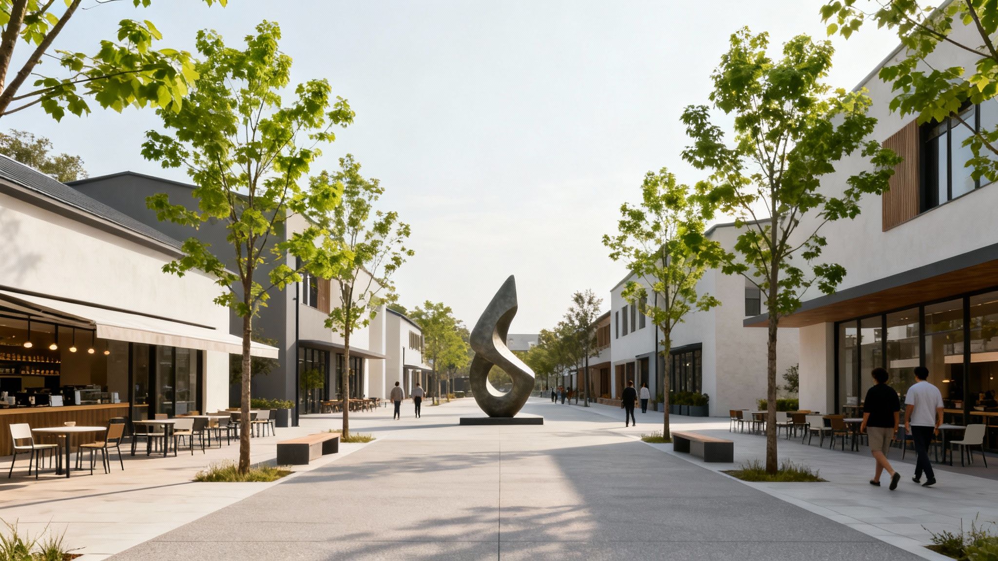 Modern urban streetscape with cafes, trees, and a prominent abstract sculpture under a bright sky.