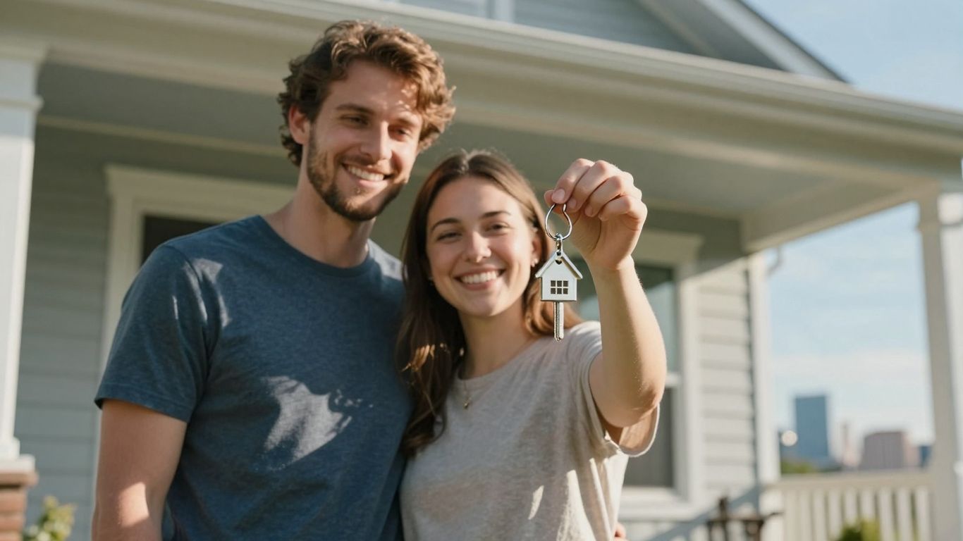 Couple with keys in front of a house in Oklahoma City.