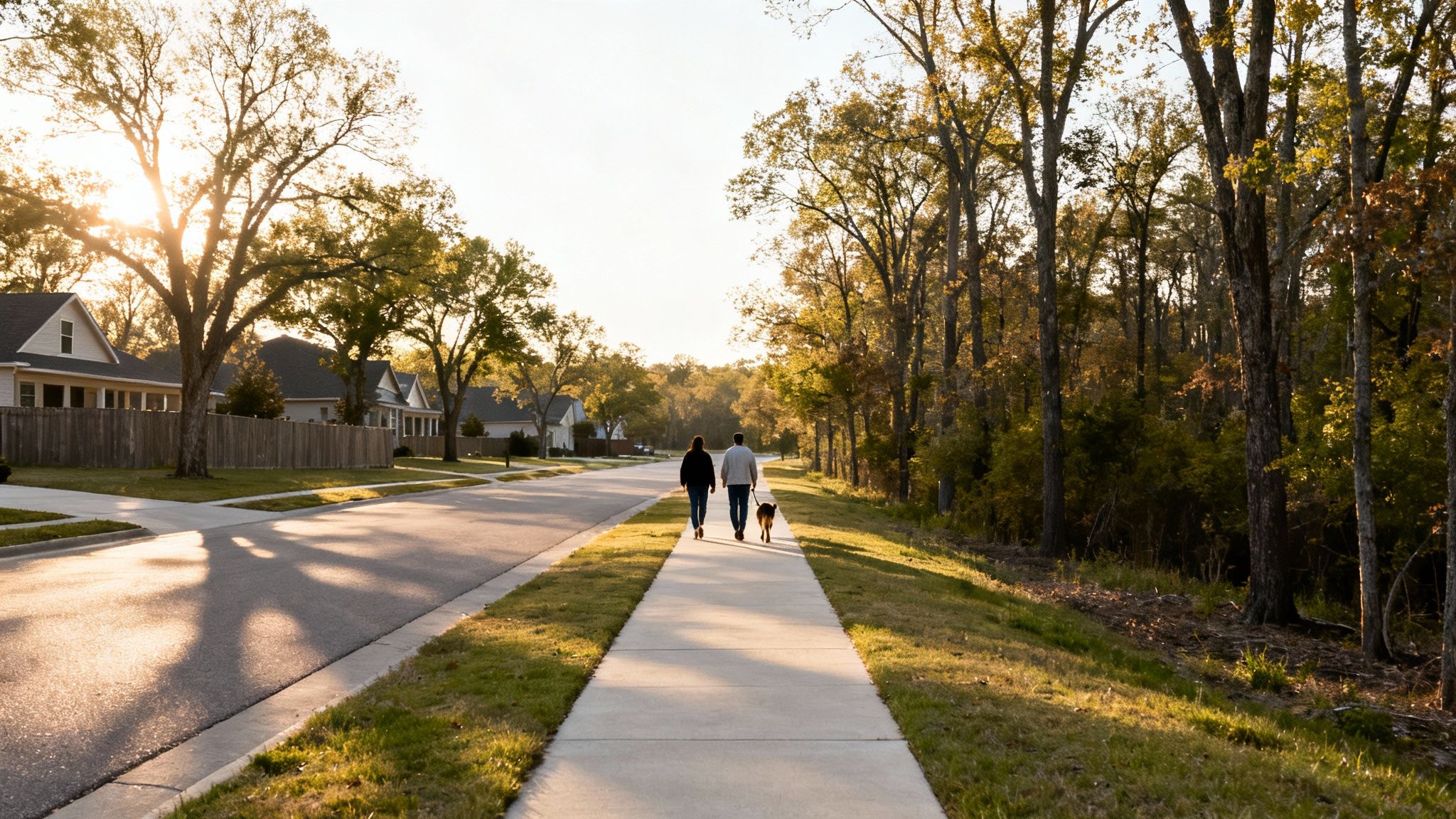 A couple walks their dog on a sunlit sidewalk in a neighborhood with trees and houses.