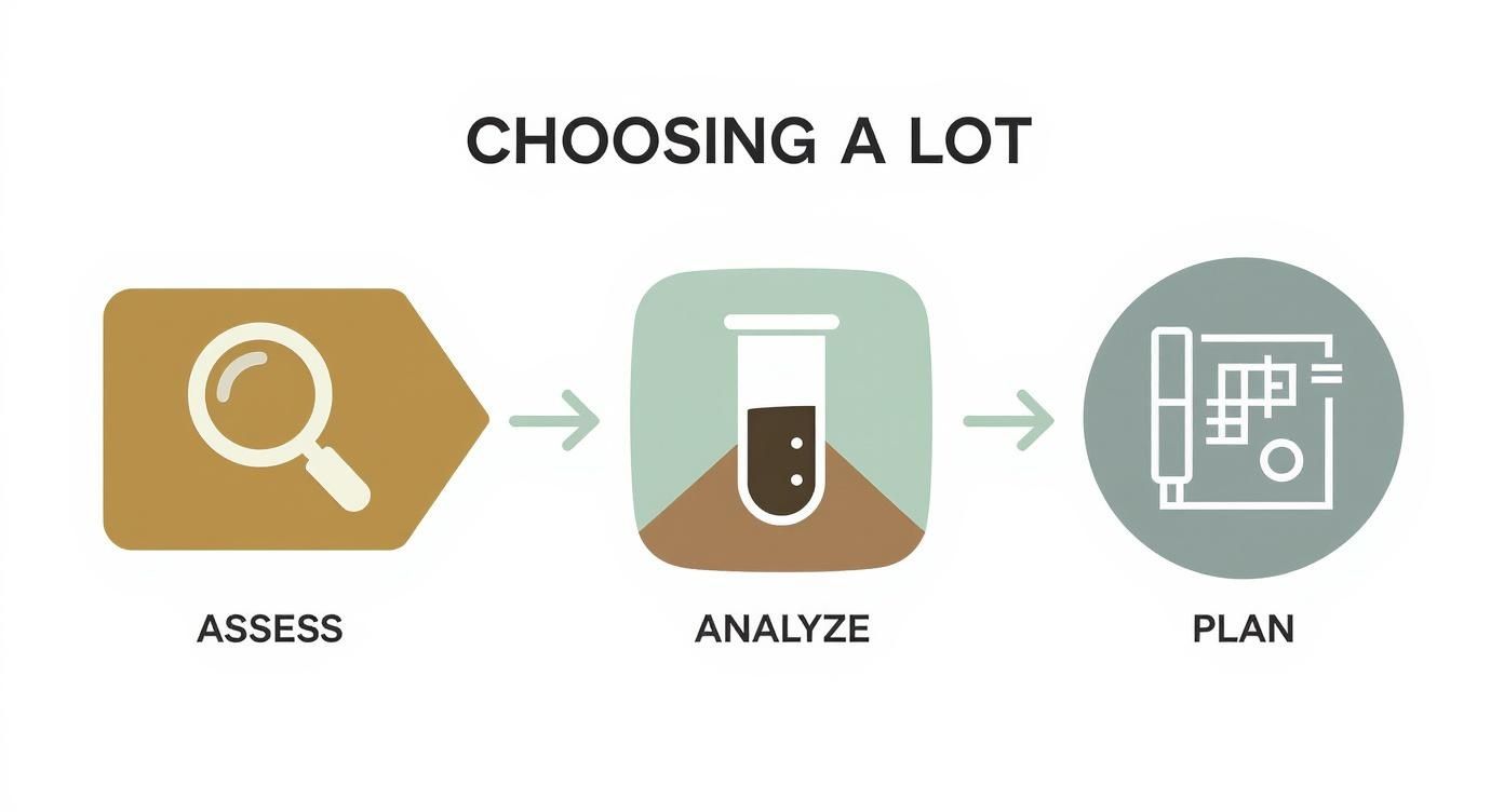 Infographic illustrating the 'Choosing a Lot' process: Assess, Analyze, and Plan with corresponding icons.