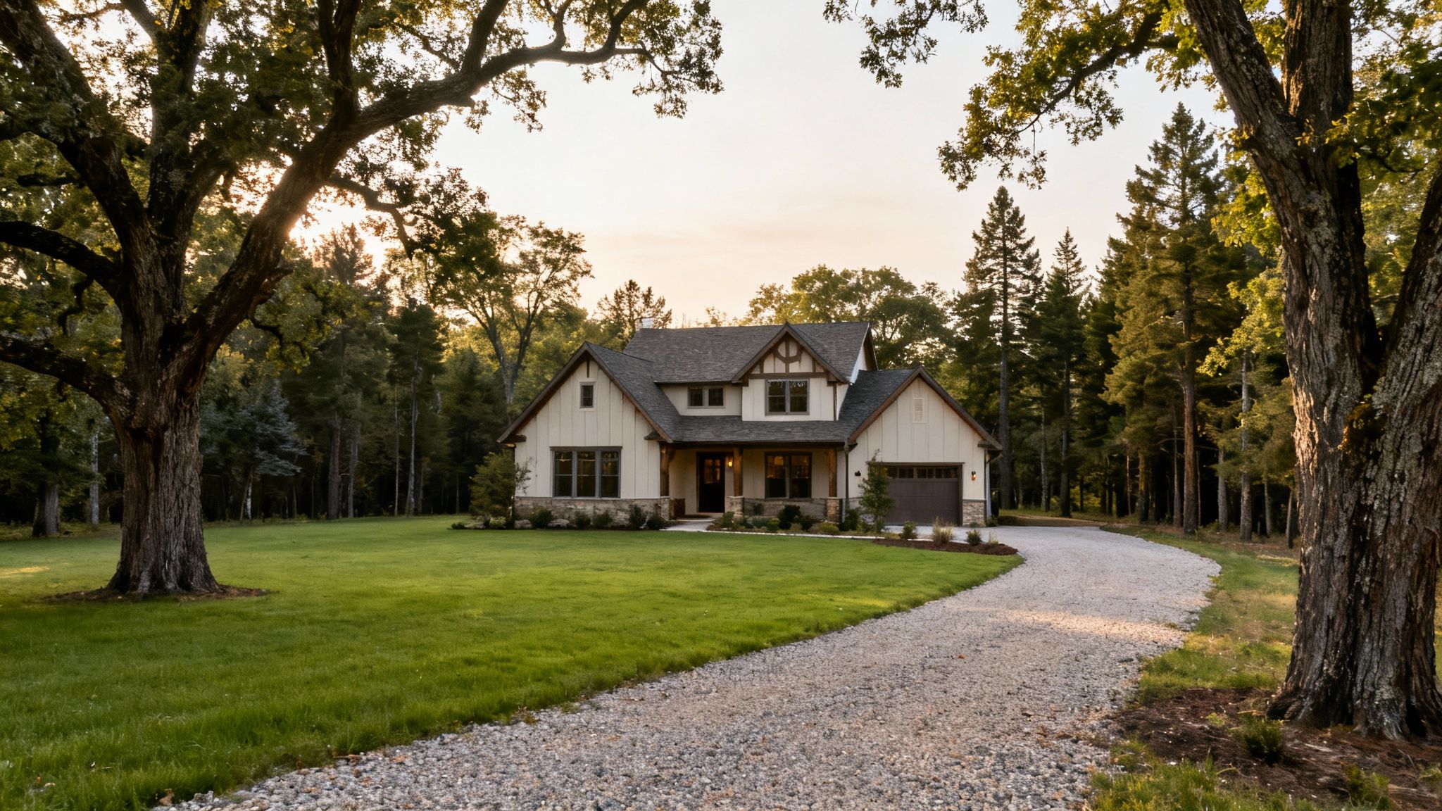 A beautiful modern farmhouse-style home with a gravel driveway, lush green lawn, and mature trees.