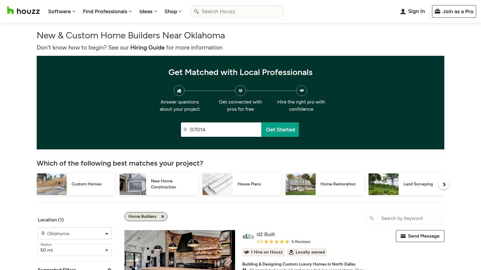 A screenshot of the Houzz website showing search results for Oklahoma custom home builders.