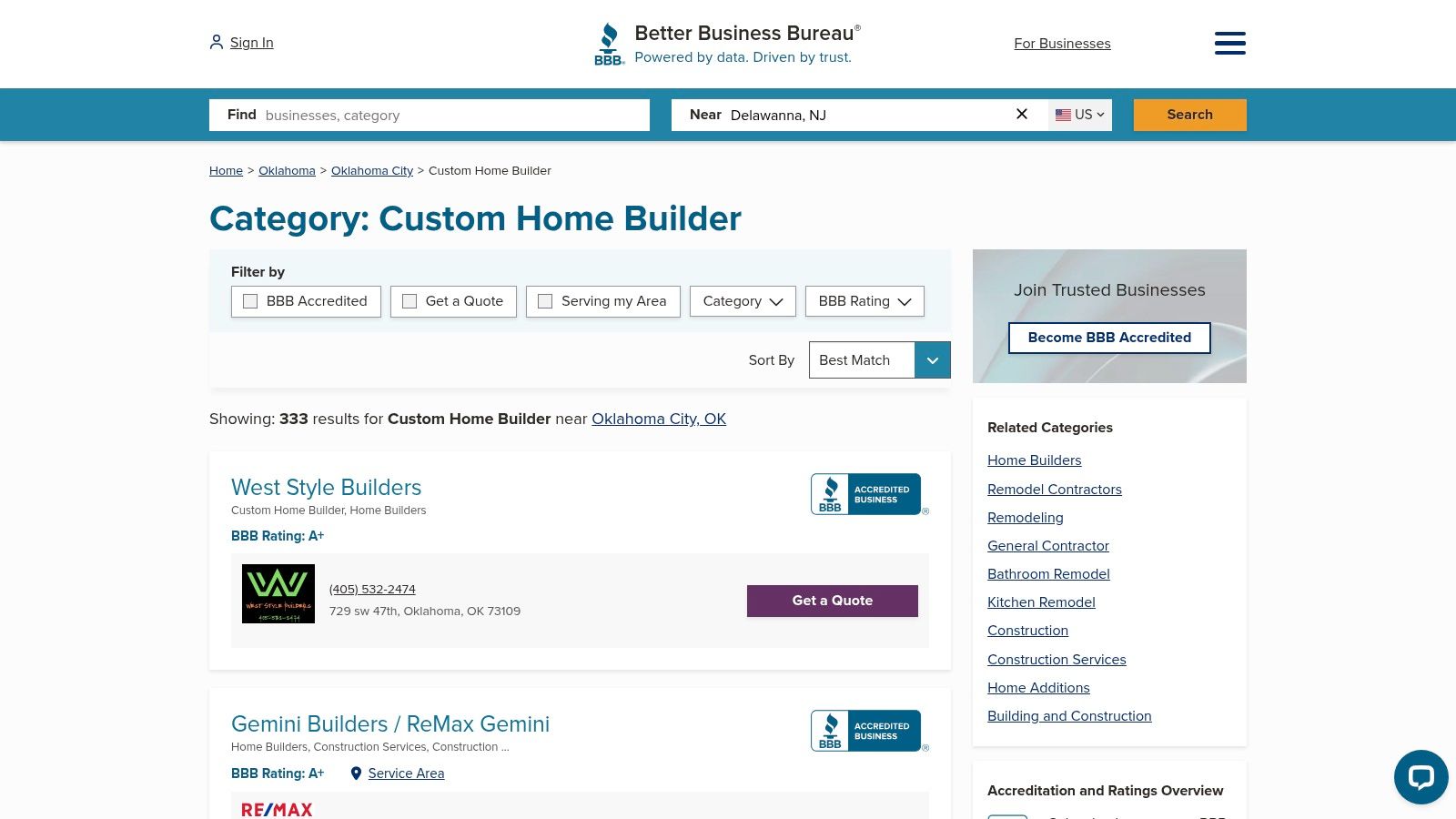 The Better Business Bureau's website interface showing a search for custom home builders in Oklahoma City.
