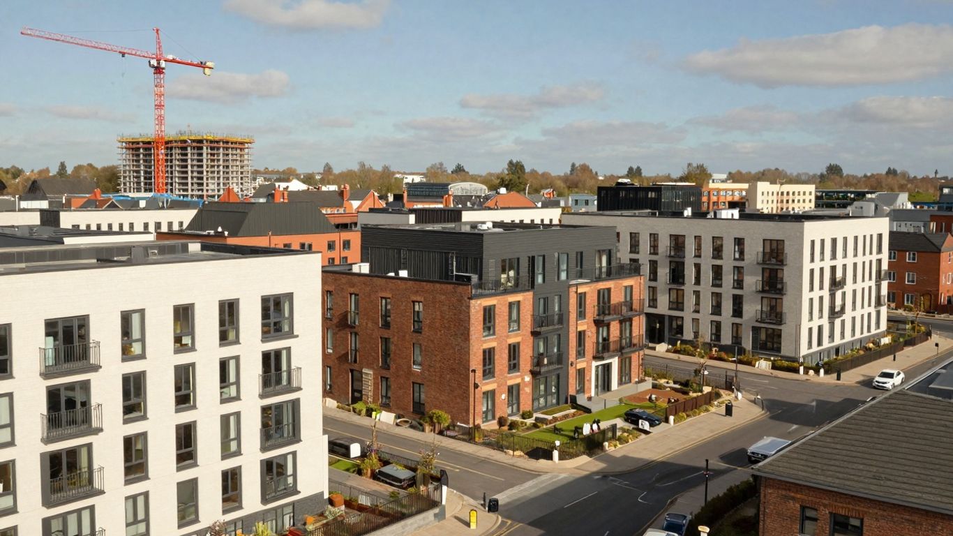 Modern Manchester housing development with cranes in background.