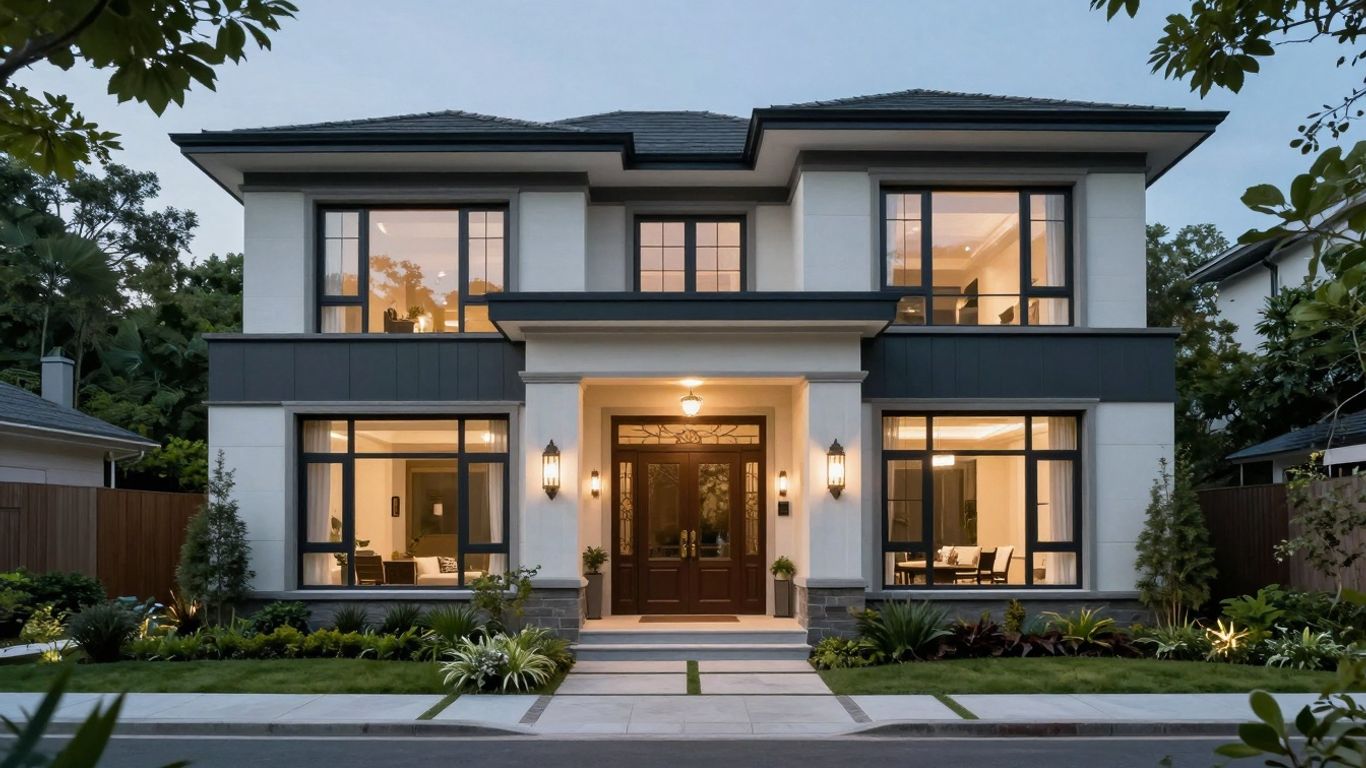 Modern home exterior with landscaping.