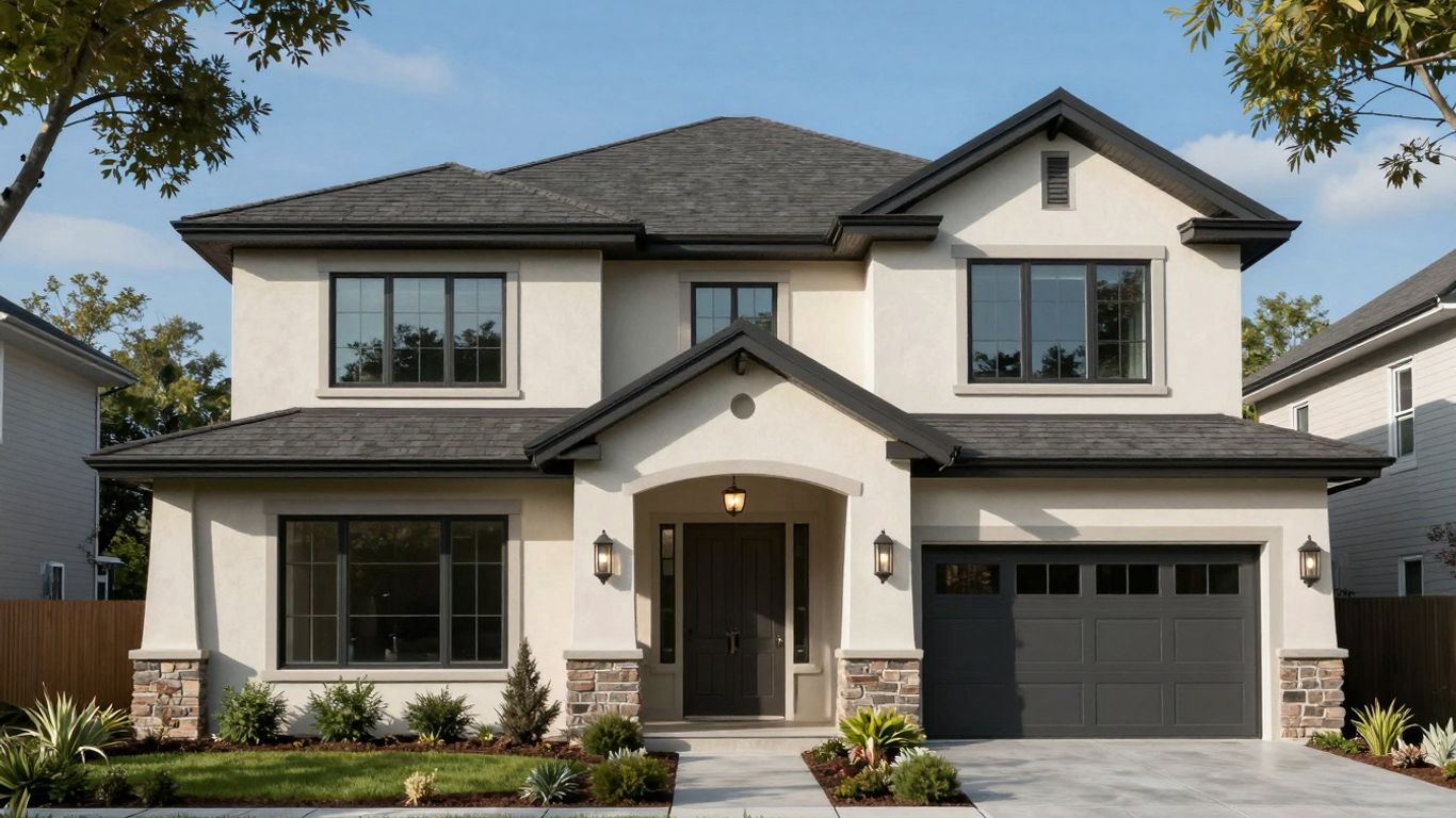 Modern home exterior with landscaping and blue sky.