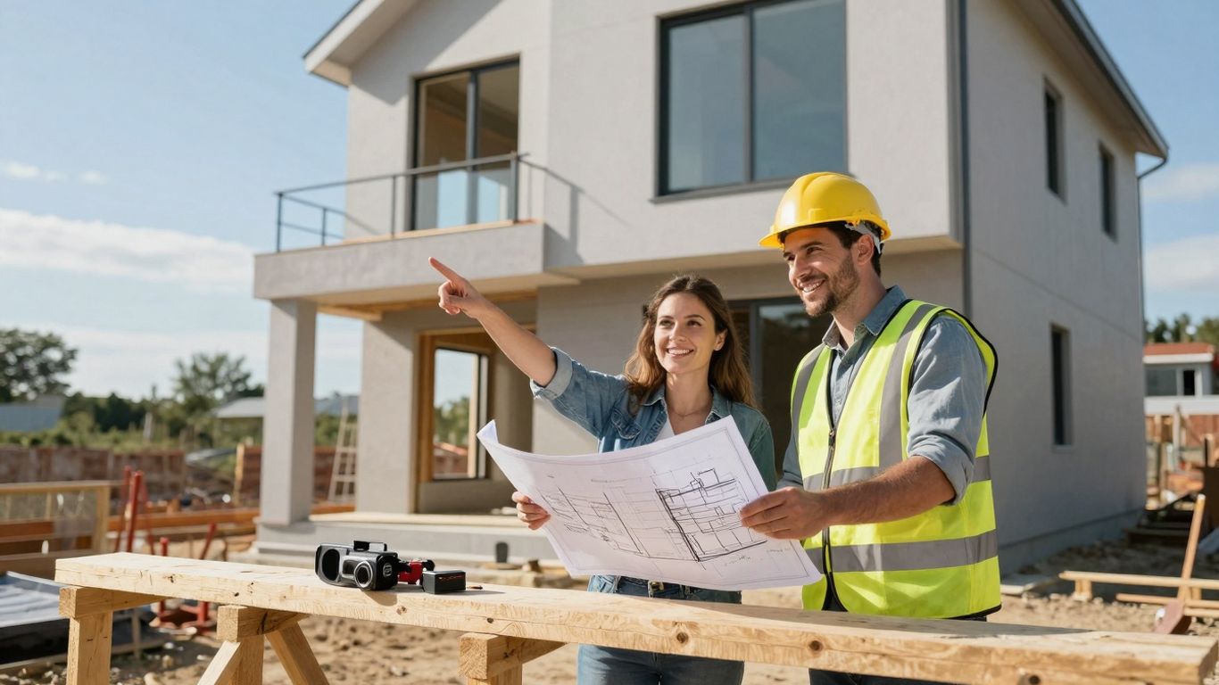 Couple reviewing house plans with builder on site.