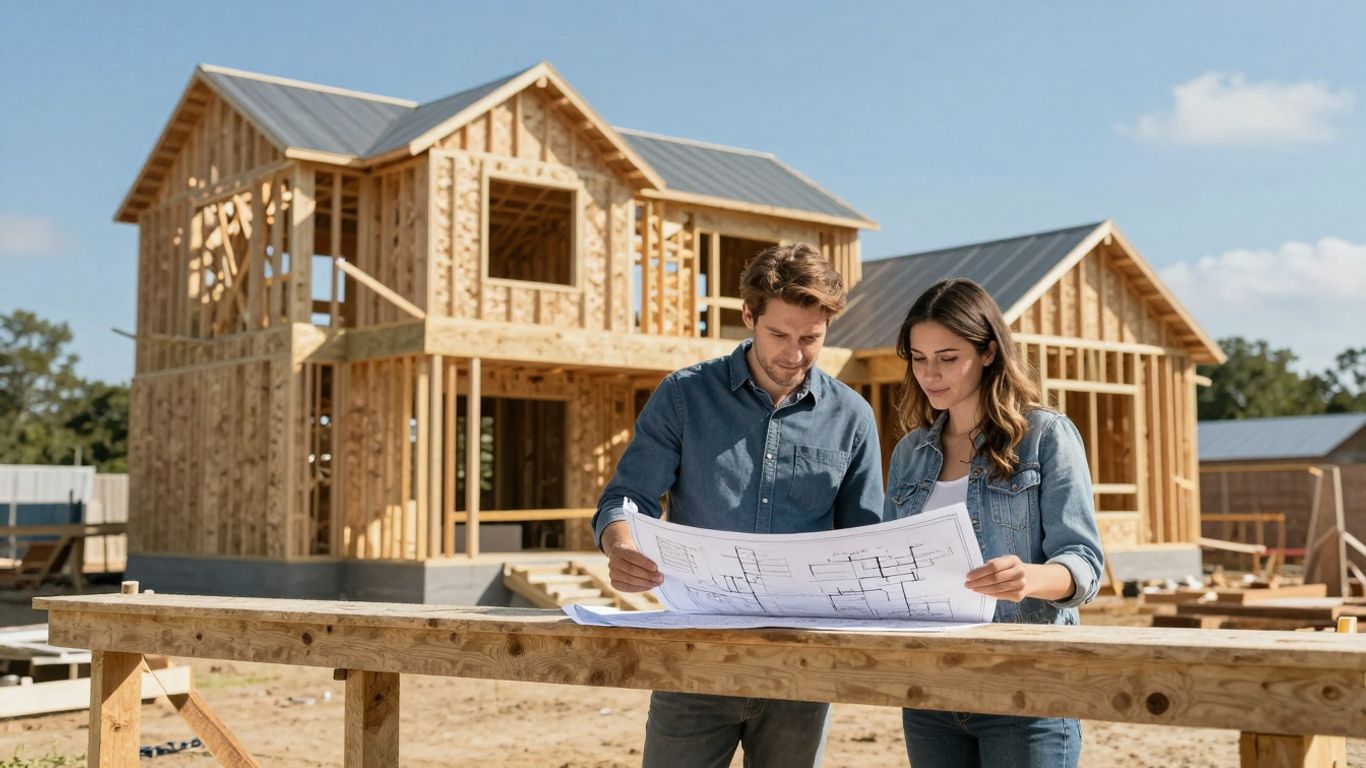Couple reviewing blueprints at a custom home construction site.