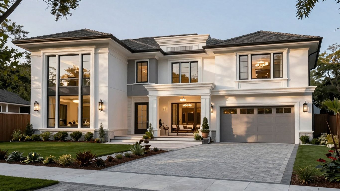 Luxury home exterior with modern architecture and landscaping.