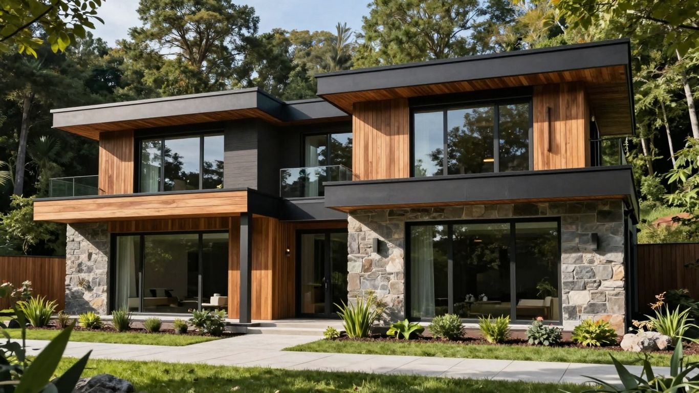 Modern custom home exterior with large windows and natural materials.