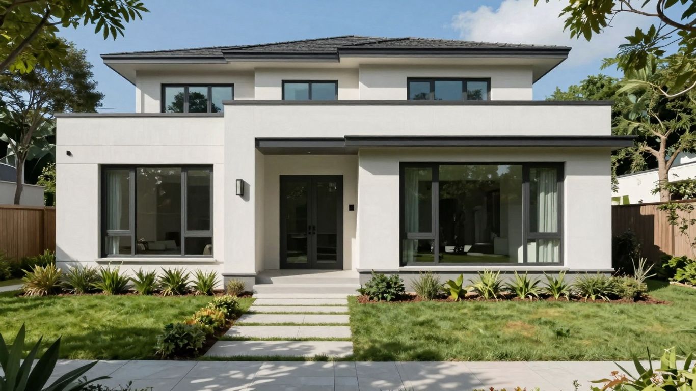 Modern home exterior with green landscaping and blue sky.